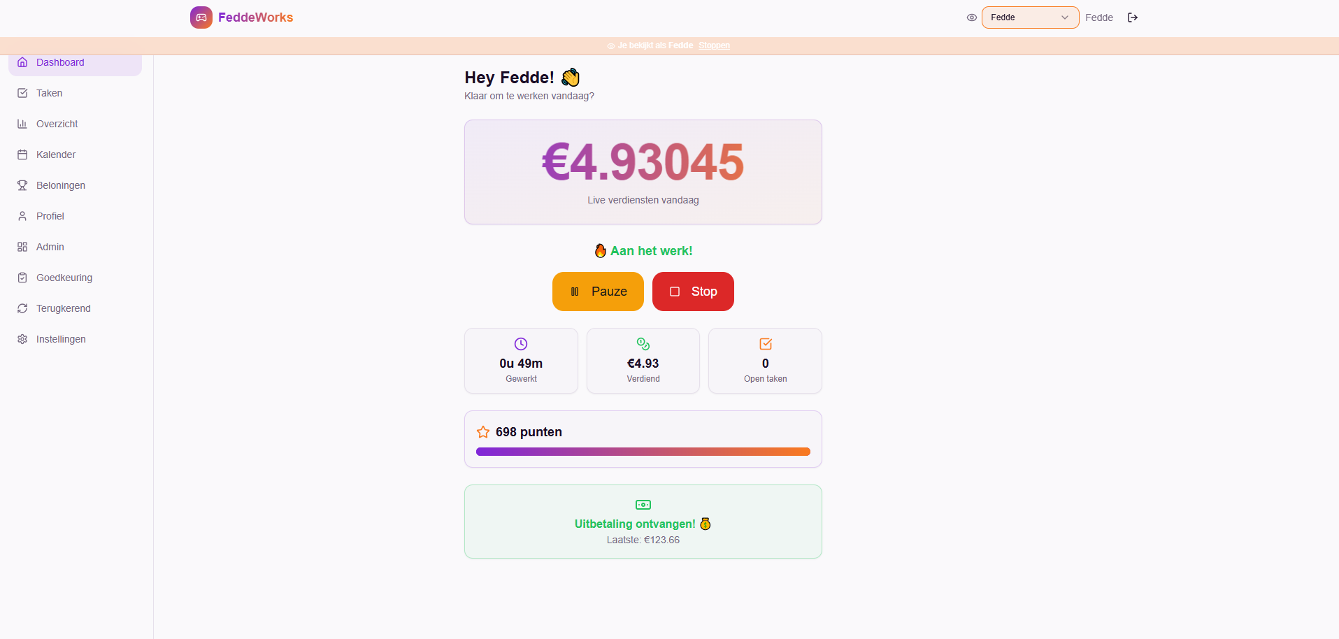 Screenshot van Fedde's Earnings Tracker